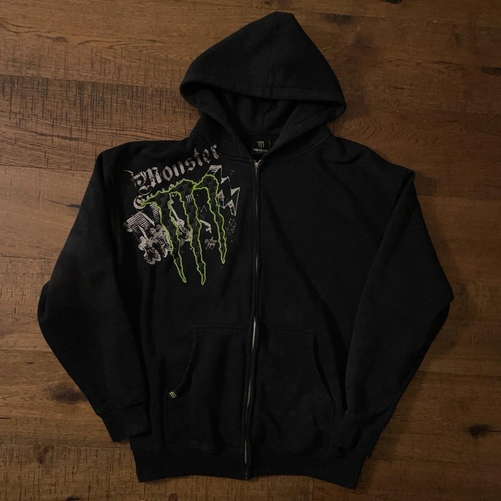 Monster Energy Zip Up Hoodie Mens XL Black Skater Distressed Motocross 40002